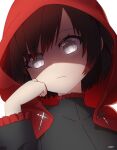  1girl ar_jart artist_name black_dress black_hair clenched_hand close-up closed_mouth dress gradient_hair grey_eyes hand_on_own_chin hood hood_up looking_at_viewer multicolored_hair red_hair ruby_rose rwby shaded_face shadow short_hair solo 