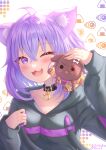  1girl :3 :d absurdres ahoge animal_collar animal_ear_fluff animal_ears black_collar black_hoodie blush cat_ears chestnut_mouth choukoillust collar creature crossed_bangs double-parted_bangs fang hair_between_eyes highres hololive hood hoodie inugami_korone inugami_korone_(dog) long_sleeves medium_hair messy_hair mixed-language_commentary nekomata_okayu nekomata_okayu_(1st_costume) open_mouth purple_eyes purple_hair smile upper_body virtual_youtuber 