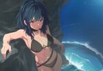  1girl ahonoko bare_arms bare_shoulders bikini black_bikini blue_eyes blue_hair breasts byleth_(female)_(fire_emblem) byleth_(female)_(summer)_(fire_emblem) byleth_(fire_emblem) commentary_request cowboy_shot fire_emblem fire_emblem:_three_houses fire_emblem_heroes groin large_breasts navel official_alternate_costume parted_lips short_hair solo standing stomach swimsuit water 