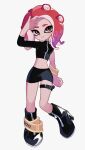  1girl absurdres agent_8_(splatoon) arm_up black_footwear black_shirt boots brown_eyes expressionless full_body high_heels highres looking_at_viewer lya_(ctrc5838) midriff miniskirt navel octoling octoling_girl red_hair shirt short_hair skirt solo splatoon_(series) splatoon_2 splatoon_2:_octo_expansion standing suction_cups tentacle_hair thigh_strap thighs 