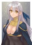  1girl alternate_costume bodystocking breasts cape cleavage collar cosplay covered_navel fire_emblem fire_emblem:_radiant_dawn fire_emblem_awakening hair_ribbon hazuki_(nyorosuke) highres large_breasts long_hair micaiah_(fire_emblem) navel ribbon simple_background solo tharja_(fire_emblem) tharja_(fire_emblem)_(cosplay) upper_body yellow_eyes 