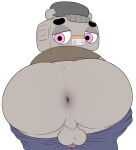  absurd_res anthro anus backsack balls big_butt boombox bottomwear bottomwear_down brown_clothing brown_shirt brown_topwear butt cartoon_network clothed clothing eyebrows flat_colors genitals grey_body grey_skin hi_res juke looking_back male nood1e pants pants_down partially_clothed penis pink_eyes presenting presenting_hindquarters purple_eyes shirt solo the_amazing_world_of_gumball topwear 