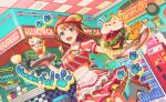  1girl apron bacon bar_stool basket blueberry blunt_bangs bottle braid bread_bun breasts brown_hair burger buttons can ceiling ceiling_light checkered_ceiling cheese chicken_nuggets clothes_writing clover coffee_mug colorful_palette crop_top cup diagonal-striped_skirt diagonal_stripes dot_nose dotabata_cafe_rec!!_(project_sekai) english_text eyelashes fast_food feet_up fingernails floating_hair fluorescent_lamp food freezer french_fries frilled_apron frilled_skirt frills fruit grey_eyes halftone hanasato_minori hanging_light happy highres ice_cream indoors ketchup_bottle lettuce looking_at_viewer medium_breasts medium_hair midriff mug mustard_bottle name_tag napkin_holder neon_lights official_art onion open_mouth outline paw_print paw_print_background pink_skirt plate pocky pop_art project_sekai puffy_short_sleeves puffy_sleeves restaurant roller_skates short_sleeves sign skates skirt smile soda_can soda_fountain solo sprinkles stool strawberry striped striped_skirt sundae tareme third-party_source tomato tray uniform visor_cap waist_apron waitress whipped_cream white_apron yellow_outline 