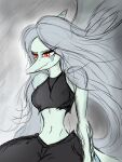  2023 amber_eyes anthro black_bottomwear black_clothing black_jeans black_pants bottomwear clothing crop_top denim denim_clothing digital_drawing_(artwork) digital_media_(artwork) dinosaur eyelashes eyeliner fang_(gvh) feathered_wings feathers female goodbye_volcano_high grey_background grey_body grey_scales hair halter_top jeans jewelry jorgeroman574 long_hair makeup navel necklace pants pterodactylus pterosaur reptile scales scalie shirt silver_hair simple_background smile snout solo topwear wings 