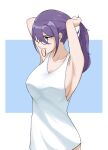  1girl armpits glasses highres hoshimi_junna long_hair looking_at_viewer nittora nude ponytail rubber_band shoujo_kageki_revue_starlight solo tying_hair white_background white_singlet 