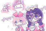  2girls bandaid black_hair blue_eyes commentary_request crown fairy fairy_wings hair_ribbon kirby kirby_(series) kirby_64 metro_(metronome40310bis) multiple_girls musical_note otamatone pink_hair purple_eyes ribbon ribbon_(kirby) ripple_star_queen wings zero_two_(kirby) zoom_layer 