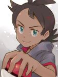  1boy antenna_hair black_hair blue_eyes dark-skinned_male dark_skin fingernails goh_(pokemon) holding holding_poke_ball looking_at_viewer male_focus poke_ball pokemon pokemon_(anime) pokemon_journeys rechain short_sleeves smile solo 