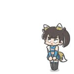  1girl :&lt; alternate_costume black_footwear black_hair black_thighhighs blue_skirt boots crop_top detached_sleeves ferret-san frown hokkaido_nippon-ham_fighters kaga_(kancolle) kantai_collection negative_space pleated_skirt side_ponytail skirt solo thick_eyebrows thigh_boots thighhighs x_navel 