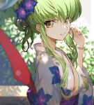  1girl blurry blurry_background bracelet c.c. code_geass commentary creayus floral_print flower from_side green_hair hair_flower hair_ornament hand_up japanese_clothes jewelry kimono looking_at_viewer looking_to_the_side multicolored_nails obi parted_lips sash short_ponytail sidelocks smile solo symbol-only_commentary upper_body wavy_hair yellow_eyes 
