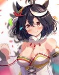  1girl ahoge black_hair blush bob_cut breasts cleavage clenched_hand closed_mouth commentary confetti detached_sleeves dress ear_ornament film_grain fur_collar happy_new_future_(umamusume) highres horse_girl kitasan_black_(jubilant_star_auspicious_crane)_(umamusume) kitasan_black_(umamusume) large_breasts looking_at_viewer multicolored_hair official_alternate_costume origami red_eyes shadow short_hair smile solo strapless strapless_dress streaked_hair tsetainsu two-tone_hair umamusume underbust upper_body wavy_hair white_dress white_sleeves 