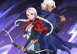  1boy 1girl ahoge arrow_(projectile) back-to-back black_bridal_gauntlets blue_eyes bow_(weapon) braid capelet cuppatoriily eyepatch father_and_daughter fire_emblem fire_emblem_fates harness highres holding holding_arrow holding_bow_(weapon) holding_weapon hood hooded_capelet key keyring looking_at_viewer low_twin_braids niles_(fire_emblem) nina_(fire_emblem) o-ring parted_bangs red_capelet twin_braids weapon white_hair 