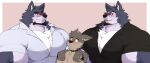  anthro beard big_biceps big_deltoids big_muscles big_pecs black_clothing black_shirt black_topwear blue_background blue_body blue_clothing blue_fur blue_shirt blue_topwear blush bongo_(yongdasom) brother_(lore) brothers_(lore) brown_body brown_fur canid canine canis chest_tuft clothed clothing collar dante_(yongdasom) eyewear facial_hair fur glasses goatee green_eyes group hair hi_res inner_ear_fluff larger_male male mammal maro_(yongdasom) muscular muscular_anthro muscular_male one_eye_closed open_mouth pecs rectangular_glasses red_eyes round_glasses shirt sibling_(lore) simple_background size_difference smaller_male smile solo spiked_collar spikes topless topwear trio tuft vein veiny_muscles white_hair wink wolf wristband yongdasom 