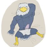  accipitrid accipitriform animal_crossing anthro apollo_(animal_crossing) armpit_hair avian bald_eagle bird blush bodily_fluids body_hair bulge circumcised clothed clothing eagle erection feathers genitals hands_behind_head hi_res lucusfox male mature_male nintendo nipples penis pubes sea_eagle solo sweat tired topwear underwear 