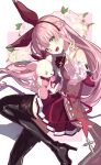  1girl :d arcaea bare_shoulders black_thighhighs blush boots braid brown_hairband buttons choppy_bangs cross cross-laced_clothes cross-laced_legwear cross_necklace detached_sleeves french_braid frilled_sleeves frills from_side green_eyes hairband hand_up head_tilt heart heart_background high_heel_boots high_heels highres holding holding_stuffed_toy iron_cross jabot jewelry kou_(arcaea) long_bangs looking_at_viewer nail_polish necklace niro_(sikabanekurui) open_mouth pink_hair pink_nails pleated_skirt red_jabot red_shirt red_skirt red_sleeves shirt skirt smile solo stuffed_animal stuffed_toy teddy_bear thigh_boots thighhighs white_background zettai_ryouiki 