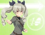  1girl ada_badguy anchovy_(girls_und_panzer) anzio_military_uniform blush breasts drill_hair girls_und_panzer green_hair grin hair_ribbon highres long_hair looking_at_viewer military military_uniform red_eyes ribbon simple_background small_breasts smile solo twin_drills uniform upper_body 