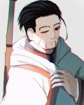  1boy :| black_hair carrying carrying_pole chromatic_aberration closed_mouth expressionless facial_hair goatee golden_kamuy grey_background hair_slicked_back highres hood hood_down hoodie ke-a-ru long_sleeves looking_at_viewer male_focus ogata_hyakunosuke one_eye_closed short_hair simple_background solo undercut upper_body white_hoodie 