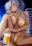 1girl alternate_costume bare_shoulders barefoot beach_chair beer_mug bikini black_nails blurry blurry_background blush bracelet breast_press breasts breasts_apart brown_eyes cameltoe collarbone commentary_request cup dark-skinned_female dark_skin glasses gold_bikini grey_hair groin hair_over_one_eye highres holding holding_cup jewelry kantai_collection knee_up large_breasts long_hair looking_at_viewer mug musashi_(kancolle) navel necklace night night_sky o-ring o-ring_bikini outdoors panties parted_lips ring semi-rimless_eyewear sitting sky smile solo spaghetti_strap spread_legs star_(sky) starry_sky swimsuit twintails underwear untied untied_bikini wedding_ring yunamaro 