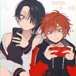  1boy 1girl black_hair black_jacket black_tank_top brown_eyes cellphone dated facing_viewer highres holding holding_phone hood hood_down jacket kajiyama_fuuta kao_ru05 looking_at_another mask milgram mouth_mask multicolored_clothes multicolored_jacket phone red_eyes red_hair red_jacket short_hair tank_top yuzuriha_kotoko 