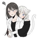 2girls animal_ears bang_dream! bang_dream!_it&#039;s_mygo!!!!! black_hair black_shirt blue_eyes blush cat_ears cat_girl cat_tail collarbone commentary_request cropped_torso heterochromia highres hug hug_from_behind idgukgu jacket kaname_rana kemonomimi_mode korean_commentary long_hair looking_at_viewer medium_hair mole mole_under_eye multiple_girls off-shoulder_shirt off_shoulder open_clothes open_jacket open_mouth parted_lips purple_eyes shiina_taki shirt shirt_under_shirt simple_background squiggle tail tank_top upper_body white_background white_hair white_jacket white_tank_top yellow_eyes yuri 