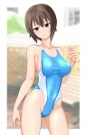  1girl absurdres aqua_one-piece_swimsuit bench black_eyes blurry blurry_background breasts brown_eyes cameltoe collarbone commentary_request competition_swimsuit contrapposto covered_navel fence girls_und_panzer head_out_of_frame highleg highleg_swimsuit highres large_breasts looking_at_viewer medium_breasts nishizumi_maho one-piece_swimsuit short_hair solo swimsuit takafumi two-tone_swimsuit 