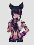  1girl black_hair breasts candy collar food grey_background hair_horns han_juri holding holding_candy holding_food holding_lollipop kemachiku lollipop looking_at_viewer medium_breasts multicolored_hair purple_hair short_hair simple_background solo spiked_collar spikes street_fighter street_fighter_6 two-tone_hair underboob 