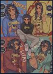  4boys abs absurdres aizetsu_(kimetsu_no_yaiba) artist_name black_hair black_hoodie black_socks blue_background blue_hoodie cheetos chester_cheetah closed_mouth clothes_lift contemporary dark-skinned_male dark_skin english_commentary furrowed_brow green_background grey_pants hand_up headphones highres hood hood_down hoodie hoodie_lift humanization karaku_(kimetsu_no_yaiba) kimetsu_no_yaiba lifted_by_self long_hair long_sleeves looking_at_viewer looking_to_the_side male_focus multicolored_background multiple_boys muted_color naughty_face p1nkmenace63 pants raised_eyebrow red_background red_hoodie sekido_(kimetsu_no_yaiba) shirt_lift shoes short_hair sitting sleeves_past_wrists sneakers socks spanish_text thick_eyebrows toned toned_male tongue tongue_out twitter_username urogi_(kimetsu_no_yaiba) v white_footwear yellow_background yellow_eyes yellow_hoodie zohakuten_(kimetsu_no_yaiba) 