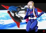  1girl belt blue_bodysuit blue_eyes blue_headwear bodysuit cosplay earth_(planet) finger_gun geitassha gundam gundam_zz headphones headwear_removed helmet helmet_removed holding holding_helmet letterboxed looking_at_viewer mecha megurine_luka mobile_suit name_connection normal_suit one_eye_closed outside_border pilot_suit pink_hair planet robot roux_louka roux_louka_(cosplay) smile solo v vocaloid white_belt zeta_gundam_(mobile_suit) 