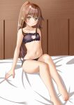  1girl amano_miyako black_bra black_panties blush bra breasts brown_eyes brown_hair cat_cutout cat_lingerie cleavage cleavage_cutout closed_mouth clothing_cutout collarbone commentary_request full_body fumizuki_(kancolle) kantai_collection long_hair looking_at_viewer meme_attire navel on_bed panties ponytail sitting small_breasts smile solo underwear underwear_only wooden_wall 
