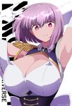  1girl armpits arms_up breasts cleavage closed_mouth collared_shirt commentary_request copyright_name detached_sleeves epaulettes framed_breasts gloves gridman_universe gridman_universe_(film) halo highres kairi_(fotune) large_breasts looking_at_viewer purple_eyes purple_hair purple_shirt salute shinjou_akane shirt short_hair sidelocks sleeveless sleeveless_shirt smile solo spoilers ssss.gridman twitter_username upper_body vulcan_salute white_gloves 