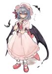  1girl bat_(animal) bat_wings blue_hair blush closed_mouth dress expressionless full_body hair_between_eyes hand_up hat highres mary_janes medium_hair mob_cap pink_dress red_eyes red_footwear remilia_scarlet sabatuki shoes simple_background sketch solo standing touhou white_background wings wrist_cuffs 