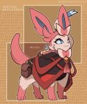  2023 3_toes :3 ambiguous_gender bag big_ears black_cloak black_clothing blue_inner_ear blue_sclera bow_(feature) canid cheek_tuft cloak clothed clothed_feral clothing colored digital_media_(artwork) ear_bow eeveelution english_text eyelashes facial_tuft feet feral front_view full-length_portrait fully_clothed fur generation_6_pokemon head_tuft hi_res hood hooded_cloak leg_markings long_ears looking_at_viewer mammal markings monotone_ears monotone_tail multicolored_body multicolored_clothing multicolored_fur neck_bow nintendo paws pink_body pink_ears pink_fur pink_tail pokemon pokemon_(species) portrait quadruped red_cloak red_clothing ribbons socks_(marking) socraminura solo standing sylveon tail text three-quarter_view toes tuft two_tone_body two_tone_clothing two_tone_fur white_body white_eyes white_fur 