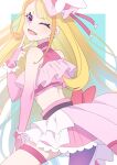  1girl ;d asymmetrical_clothes asymmetrical_legwear blonde_hair commentary_request cure_butterfly earrings eyelashes hair_ornament happy highres hijiri_ageha hirogaru_sky!_precure jewelry long_hair looking_at_viewer magical_girl midriff multicolored_hair one_eye_closed open_mouth orange_hair osarutukamaeru pink_skirt precure purple_eyes skirt smile solo standing streaked_hair thighhighs thighs v 