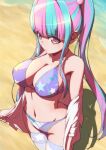  1girl arched_back arms_at_sides bang_dream! bare_shoulders beach bikini blue_hair blunt_bangs breasts cleavage closed_mouth clothes_grab collarbone commentary_request covered_nipples cowboy_shot day from_above grey_thighhighs groin hair_bobbles hair_ornament halterneck highres hiraken large_breasts long_hair looking_at_viewer looking_up multicolored_hair musical_note musical_note_print navel nyubara_reona off_shoulder open_clothes open_shirt outdoors pink_eyes pink_hair print_bikini print_thighhighs purple_bikini shadow shirt sidelocks sixteenth_note solo standing star_(symbol) star_print stomach swimsuit thighhighs twintails two-tone_hair very_long_hair water white_shirt 