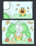  anthro balls borzoibeans cumming_while_penetrated cumming_while_penetrating duo flower genitals hi_res male mario_bros nintendo penis plant sex talking_flower_(super_mario_bros_wonder) text yellow_flower yoshi 