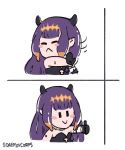  1girl black_dress black_gloves blush_stickers closed_eyes closed_mouth daemoncorps drakeposting_(meme) dress fur_collar gloves highres hololive hololive_english horns long_hair meme ninomae_ina&#039;nis purple_hair shaking_head smile solid_oval_eyes twitter_username virtual_youtuber white_background 