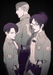  1other 2boys belt commentary_request erwin_smith frown glasses greyscale hange_zoe height_difference highres jacket levi_(shingeki_no_kyojin) monochrome multiple_boys opaque_glasses partially_opaque_glasses sepia serious shingeki_no_kyojin short_ponytail skirt survey_corps_(emblem) suspender_skirt suspenders yonchi 