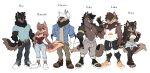  anthro beanbagtea blue_eyes canid canine canis clothing family female fur green_eyes group hair hi_res male mammal multicolored_body muscular muscular_male simple_background standing tail wolf 