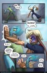  anthro biped blonde_hair blue_body bmbrice clothed clothing colored comic dialogue dialogue_box duo english_text female green_clothing green_eyes hair hi_res humanoid lizard male nazuret_kheilafi open_mouth outside reptile scalie speech_bubble supercell_(comic) tan_body text zeikauko 