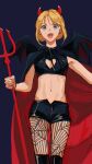  1girl absurdres bat_wings black_shorts black_tank_top blonde_hair blue_background blue_eyes boots cleavage_cutout clothing_cutout cropped_legs demon_horns fangs fishnet_pantyhose fishnets heart_cutout highres holding_trident horns knee_boots midriff miromari navel open_mouth original pantyhose short_hair shorts simple_background solo spider_web_print standing tank_top wings 