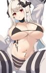  1girl absurdres arknights arm_up bikini bikini_top_only binware black_bikini blush breasts cleavage collar commission earrings hair_ornament highres horns huge_breasts infection_monitor_(arknights) jewelry long_hair long_sleeves looking_at_viewer micro_bikini mudrock_(arknights) navel oripathy_lesion_(arknights) parted_lips pixiv_commission pointy_ears red_eyes simple_background solo spread_legs stomach swimsuit underboob very_long_hair white_background white_hair 