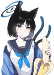  1girl animal_ears banana black_eyes black_hair black_nails black_sailor_collar blue_archive blue_halo blue_neckerchief blush cat_ears cat_tail closed_mouth fingernails food fruit halo haori highres japanese_clothes kikyou_(blue_archive) multiple_tails murase48 nail_polish neckerchief sailor_collar sexually_suggestive short_hair simple_background solo tail two_tails white_background 