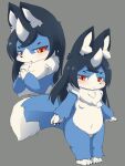  blue_eyes blush blush_lines breasts canid canine countershading demon dipstick_tail female fluffy fox hair hi_res horn hybrid long_hair mammal markings multicolored_body pawpads semi-anthro short small_breasts smile solo tail tail_markings thick_thighs tuft two_tone_body ukan_muri 