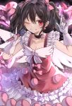  1girl ;d \m/ absurdres black_choker black_hair choker cowboy_shot double_\m/ dress earrings flat_chest frilled_dress frilled_sleeves frills gloves grin hair_between_eyes hair_ribbon highres jewelry looking_at_viewer love_live! nico_nico_nii one_eye_closed pink_ribbon red_dress red_eyes ribbon short_dress smile solo twintails w_arms white_gloves yazawa_nico zen.nico 