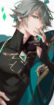  1boy ahoge alhaitham_(genshin_impact) aqua_eyes aqua_hair black_gloves black_shirt cape genshin_impact gloves green_cape grey_hair half_gloves highres jewelry long_sleeves male_focus multicolored_hair parted_lips ring shirt short_hair solo srro_yo teeth tight_clothes 