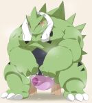  0119_muu 2023 anthro belly big_belly bodily_fluids bulge clothing generation_2_pokemon green_body hi_res kemono male musclegut musk nintendo overweight overweight_male pokemon pokemon_(species) sitting solo sweat tyranitar underwear 