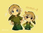  2boys blue_eyes closed_mouth dress green_headwear green_shirt link looking_at_viewer multiple_boys parted_bangs pointy_ears shirt simple_background smile the_legend_of_zelda the_legend_of_zelda:_ocarina_of_time the_legend_of_zelda:_the_wind_waker tokuura toon_link translation_request yellow_background young_link 