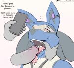  ambiguous_gender anthro biped black_body blue_body bodily_fluids cum cum_in_mouth cum_inside dabelette dialogue duo english_text erection fur generation_4_pokemon genital_fluids genitals hi_res hypnosis hypnotic_eyes lucario male mind_control nintendo open_mouth penis pokemon pokemon_(species) tan_body tan_fur text tongue tongue_out 