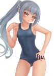  1girl absurdres alternate_costume blue_one-piece_swimsuit breasts brown_eyes grey_hair highres kantai_collection kasumi_(kancolle) long_hair looking_at_viewer makura_(y_makura) navel one-piece_swimsuit school_swimsuit side_ponytail simple_background small_breasts solo swimsuit tan variant_set white_background 