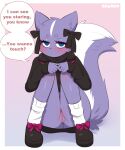  absurd_res aggressive_retsuko anthro blue_eyes blush bottomless clothed clothing dialogue eyelashes female fluffy fluffy_tail footwear fur genitals half-closed_eyes hi_res inviting looking_at_viewer mammal mephitid narrowed_eyes presenting presenting_pussy purple_body purple_fur pussy sanrio sataenart shikabane shoes sitting skunk socks solo speech_bubble tail upskirt 