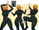  1girl arms_up artist_name black_bodysuit blushyspicy bodysuit breasts character_request copyright_request dancing facing_viewer hands_up heart knee_up large_breasts long_sleeves multiple_views orange_background own_hands_together palms_together pumpkin_mask shiny_clothes standing white_background 